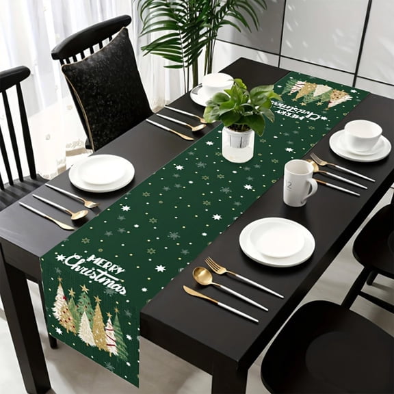 72*13 Inch Christmas Table Runner, Christmas Table Decorations, Holiday Table Decor with Green and White Christmas Trees and Snowflakes Pattern for Kitchen, Dining Room, and Winter Party Supplies