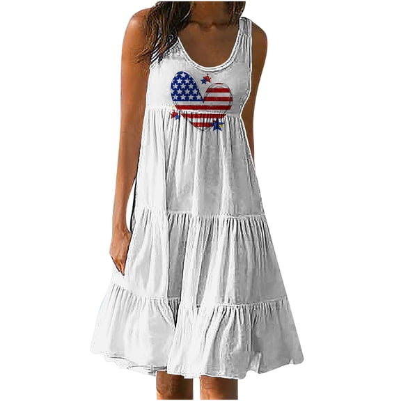 ibuvkizy July 4th Dresses,Womens 4th of July Dress Summer Tank Mini Dress American Flag Print Sleeveless Dress Casual Loose Comfy Crewneck Beach Party Sundress White L