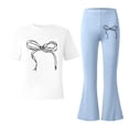 thumbnail image 5 of GPOECD Girls Outfits Casual Outfit with Bow Print and Flared Pants Two Piece Coordinated Girls' Clothing Sets,Light Blue,7-8 Years, 5 of 5