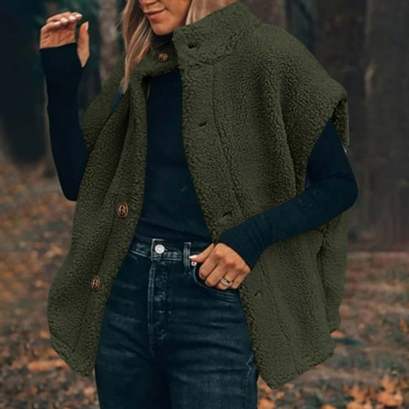 Fanxing Women's Oversized Sherpa Vest Casual Winter Warm Fleece Fuzzy Jackets Sleeveless Button Down Cozy Outerwear Army Green 2XL