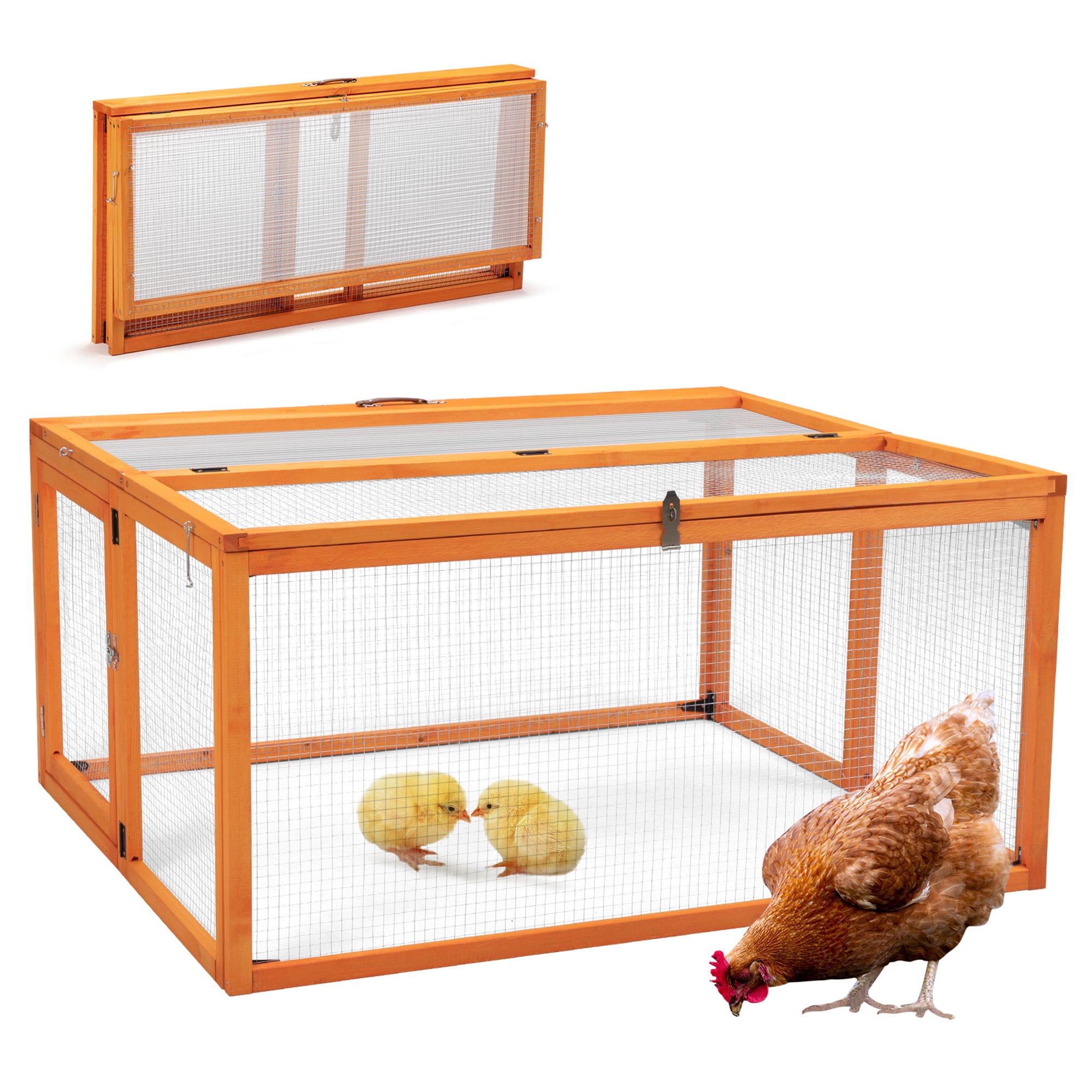 Folding Rabbit Hutch, Portable Wood Chicken Coop Run, Outdoor Pet Cage with Openable Sun Panel Top