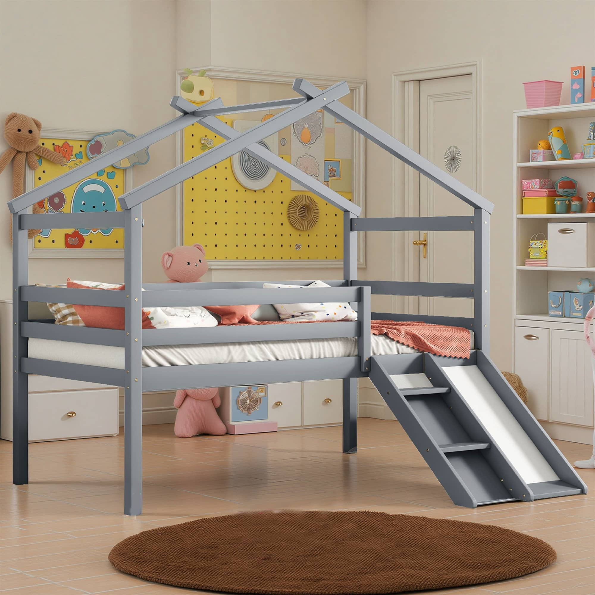 MAYEERTY Twin Loft Bed with Slide, Ladder, Safety Guardrails, House Roof Frame, Grey
