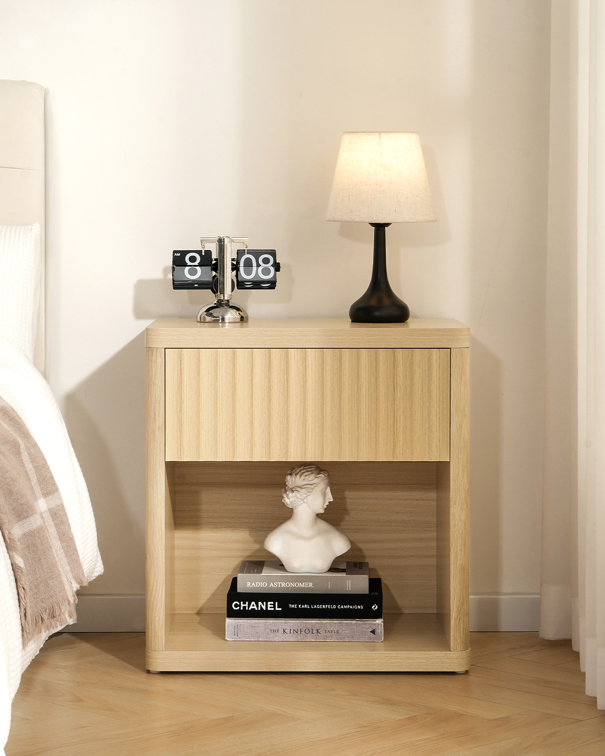 Fluted Nightstand with Drawer, Bedside Tables with Open Storage, Large Wood Night Stand for Bedroom Living Room, Natural