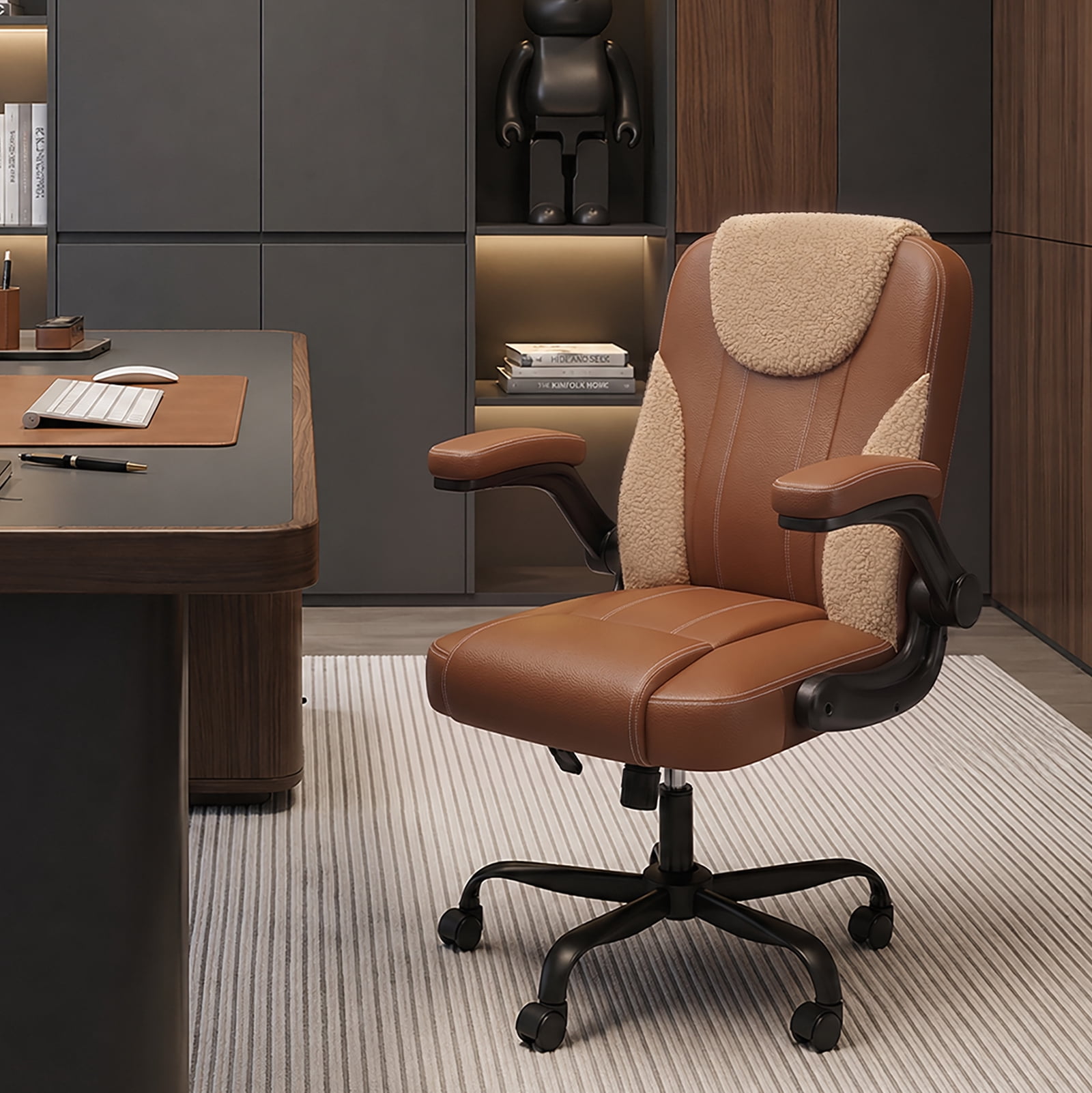 Pinmoco Ergonomic PU Leather Office Chair, High Back Executive Computer Desk Chair with Double-Layer Cushion, Swivel Gaming Chair with Wheels and Flip-Up Armrests, Brown