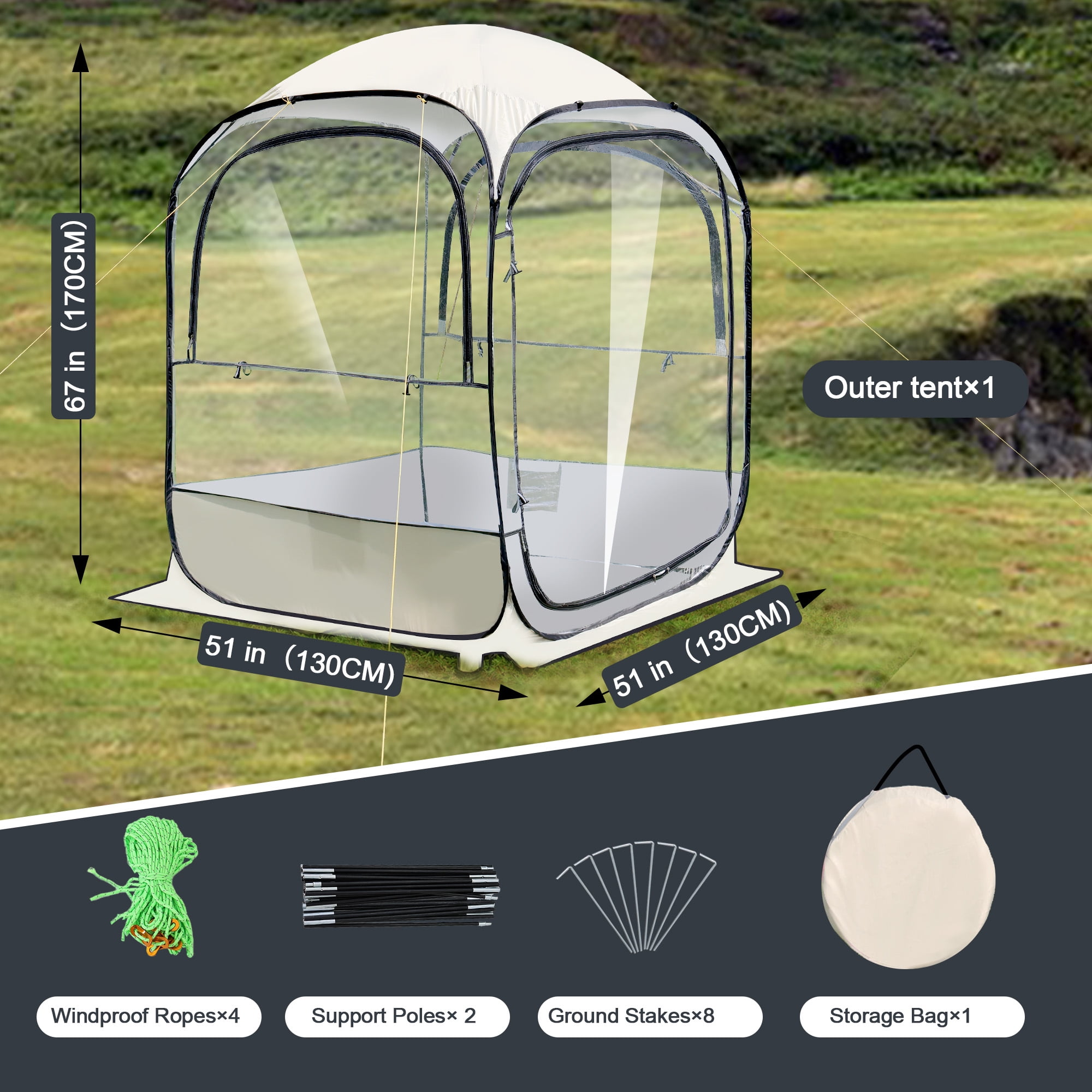 51 × 51 × 67 inch all-weather pop-up tent, instant bubble tent for 2-3 people, rain proof camping sunshade with ventilation windows, spacious indoor space for cold and wind resistance, suitable for s