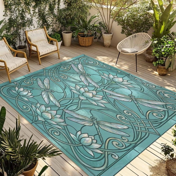 Teal Dragonfly Outdoor Rug for Patio/Deck/Porch, Non-Slip Large Area Rug 6 x 9 Ft, Vintage Geometric Glass Animal Flower Indoor Outdoor Rugs Washable Area Rugs, Reversible Camping Rug Carpet Runner