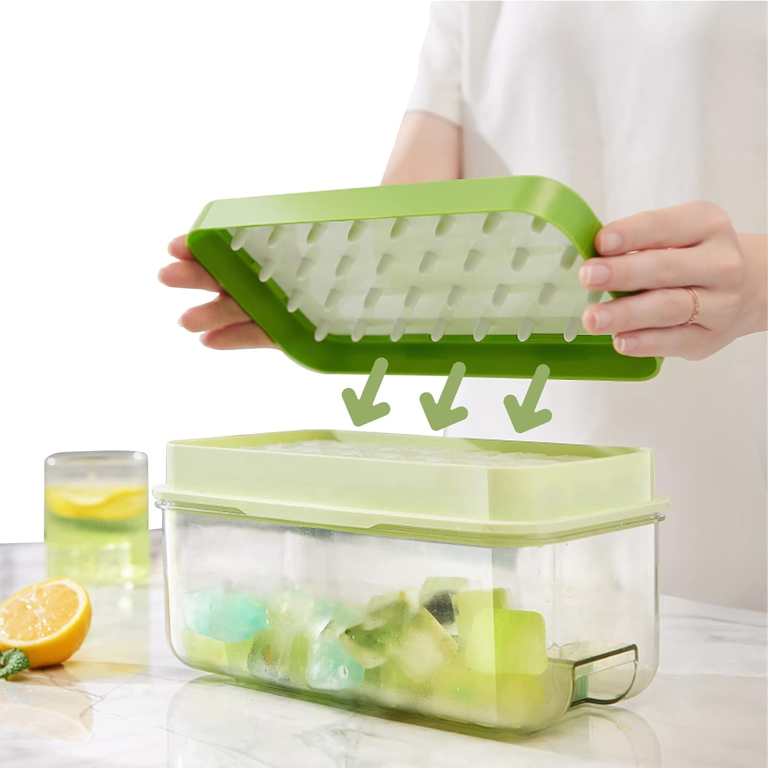 Ice Cube Tray with Lid and Bin, 64 pcs Ice Tray Kit with Ice Scoop, Ice Cube Pop Out Tray, Ice Cube Trays for Freezer, Ice Cube Molds, BPA Free, Easy Release Stackble Spill-Resistant (Green)