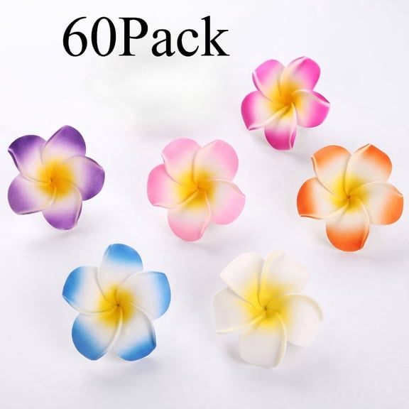 60 Pcs Hawaiian Plumeria Hair Clips, 2.8 Inch Tropical Frangipani Foam Flowers for Bridal Luau Beach Party Hair Decor