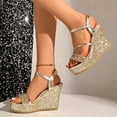 thumbnail image 4 of Rokment Women's Sparkly Metallic Sequin Platform Wedge Dressy Sandals Bridal Delicate Elegant Bling Ankle Strap Chunky Dress High Heels Summer Shoes for Wedding Banquet Gold Size 6, 4 of 7