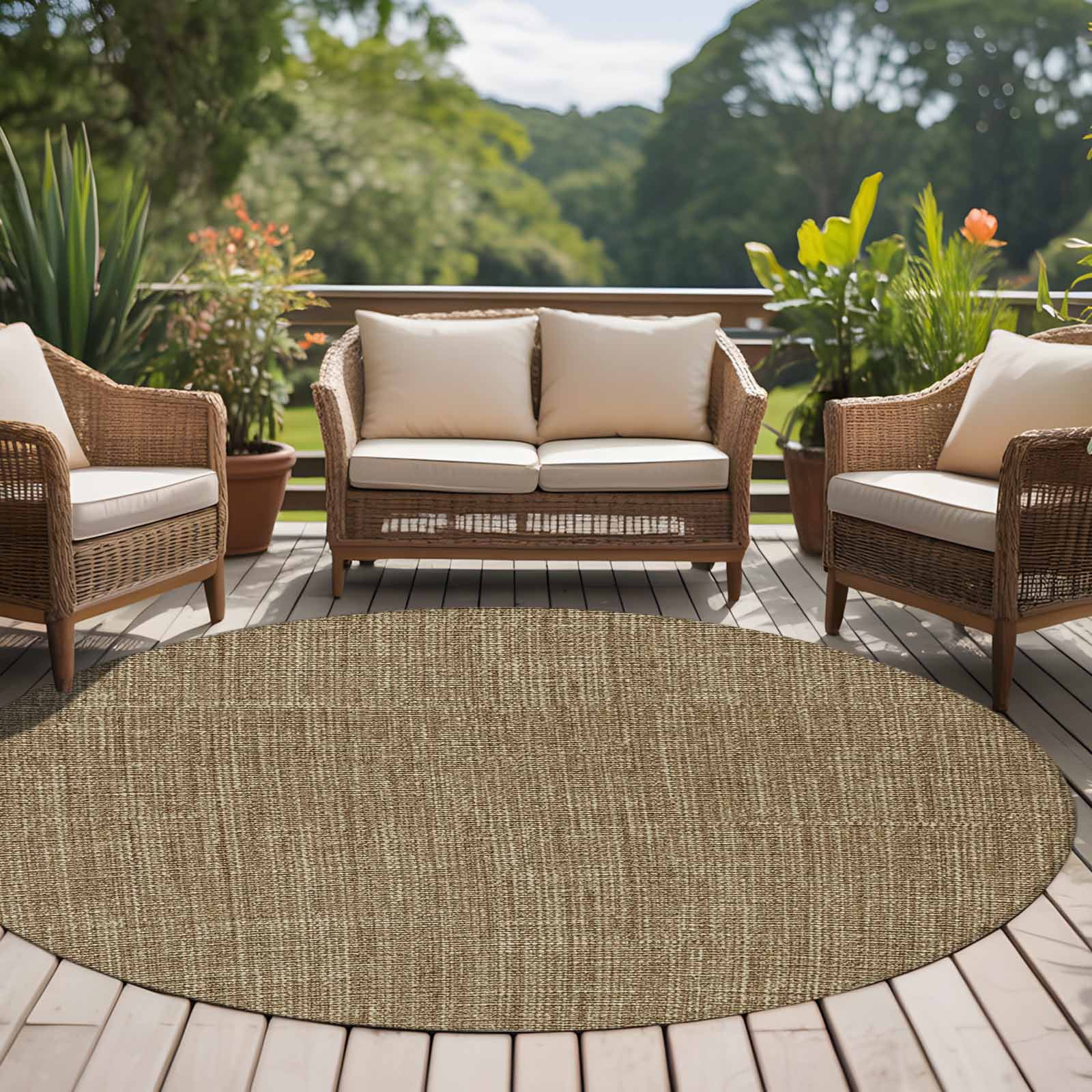 Brown 8ft Round Rug, Farmhouse Burlap Solid Beige Color Modern Linen Texture Non-Skid Rubber Backing Large Area Rugs - Living Room Bedroom Home Office, Indoor Floor Mat Carpets Washable Rug
