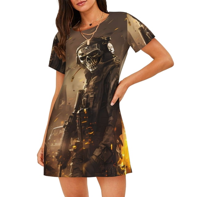 Easygdp Apocalyptic Skull Soldier Camisón de manga corta para mujer, informal, estampado