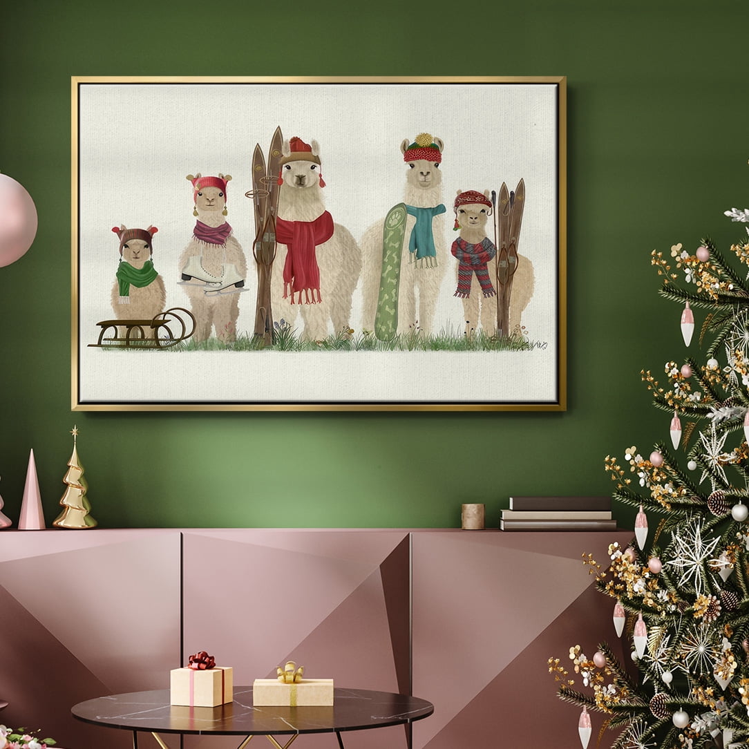 Llama Family Winter Sports - Framed Gallery Wrapped Holiday Canvas - 17 x 25 - Gold Frame