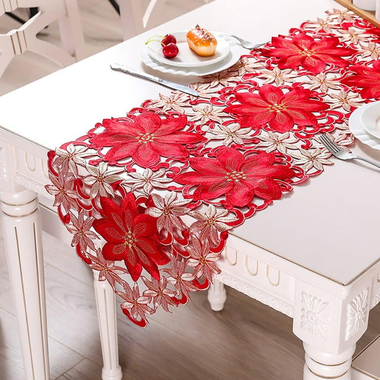 Christmas Cotton Fabric Cloth Dinner Napkins - Red Poinsettias, Holly &  Lace - Elegant Floral