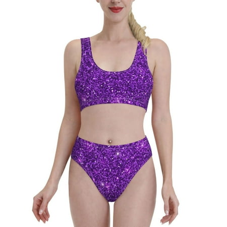 Bixox Purple Glitter Pattern Two-Piece Sports Bikini with U-Shaped Top and High-Waist Bottom - Women s Swimwear with Removable Bra Pads