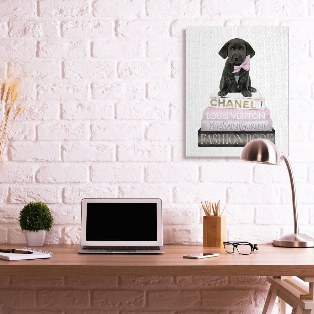 Stupell Industries Black Puppy with Pink Bow on Glam Book Stack Designed by Amanda Greenwood