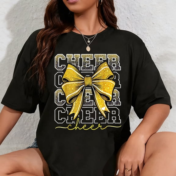 100% Cotton Coquette Cheer Bow Team Cheerleader Gold Cheerleading Yellow T-Shirt