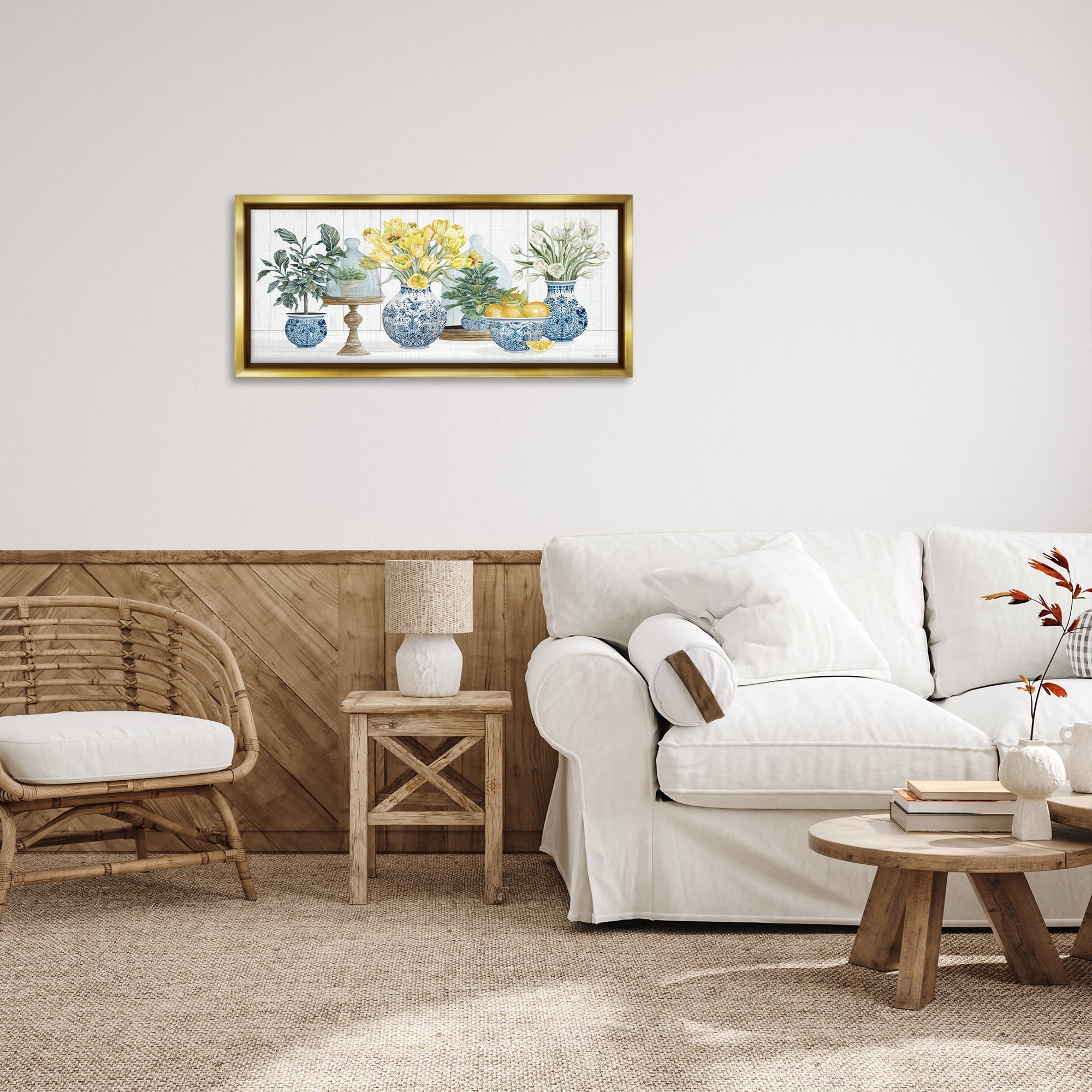 Stupell Industries Yellow Tulips & Lemon Fruits Botanical & Floral Painting Gold Floater Framed Canvas Art Print Wall Art, 31 x 14