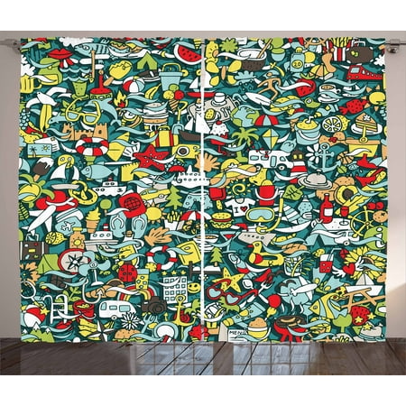 Concept Compass Set (Doodle Curtains 2 Panels Set, Simple Mini Drawings of Holiday Related Concepts Caravan Compass Lifebuoy Breakfast, Window Drapes for Living Room Bedroom, 108W X 84L Inches, Multicolor, by)