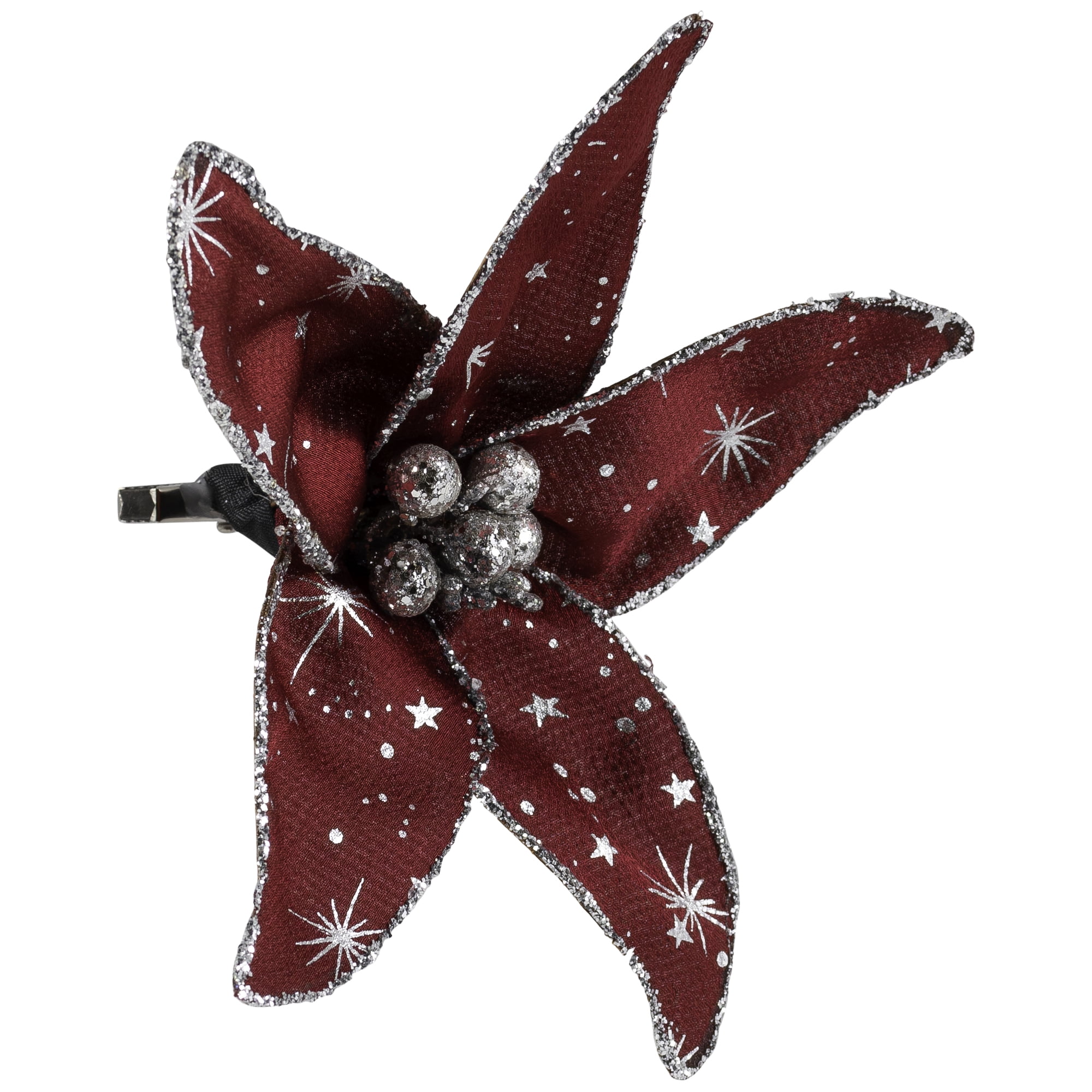 Starburst Flower Glittered Clip-on Christmas Ornament - 6" - Red and Silver