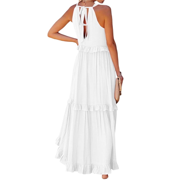 IUZSOKIL Womens Summer Sleeveless Dress Halter Tie Back Loose Built in Bra  Dress Flowy Ruffle Tiered Maxi Dress Beach Swing Long Dresses Sundress  White 2XL - Walmart.com