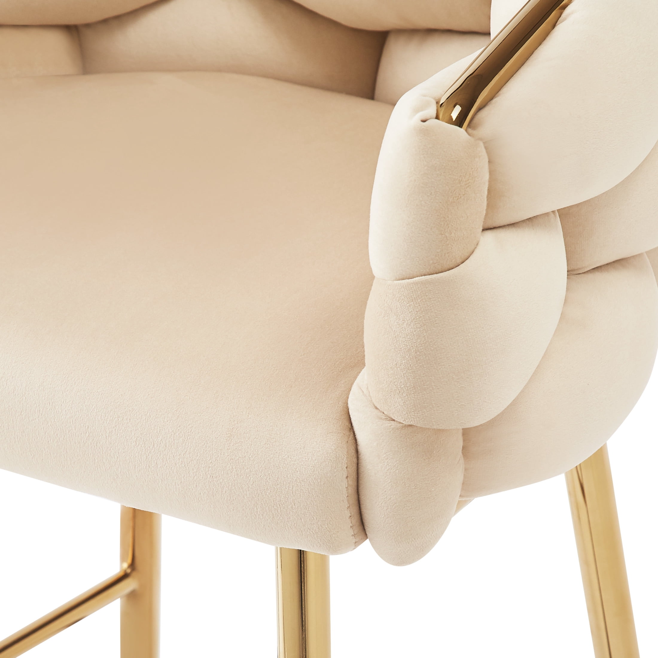 Nivora 28" Seat Height Modern Upholstered Flannelette Counter Stools, Metal Frame, Beige + Gold, Set of 2