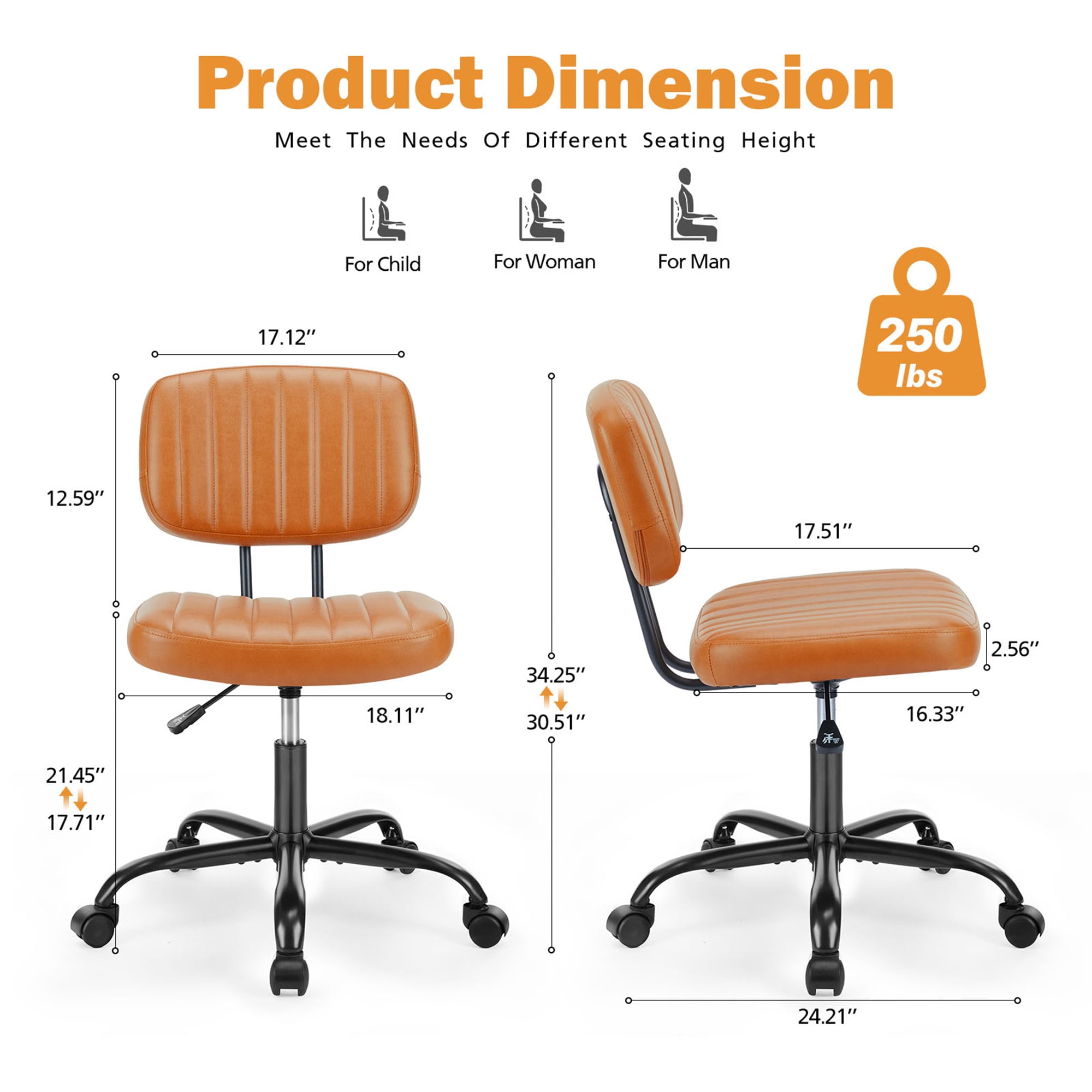 Spaco Small Home Office Chair,Cross Legged Armless Wide Adjustable Swivel Padded Fabric Home Office Desk Chair with Wheel, Brown