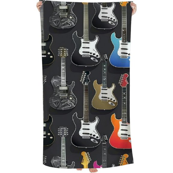 PHYHOO Music Pattern with Guitar Beach Towel, Sand Free Microfiber Beach Blanket, Quick Dry Absorbent Bath Towels for Swimming Pool, Camping, Picnic, Yoga Gym Sports 30x60in