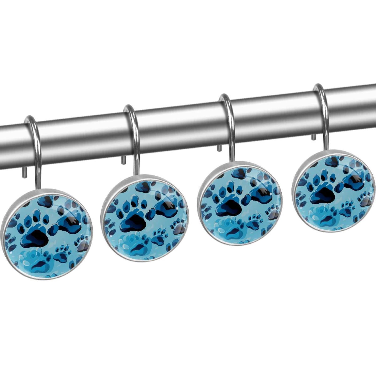 Blue Paw Footprints Shower Curtain Hooks Round Crystal Glass, Set of 12 Shower Curtain Rings - Shower Hooks for Curtain Shower Rings