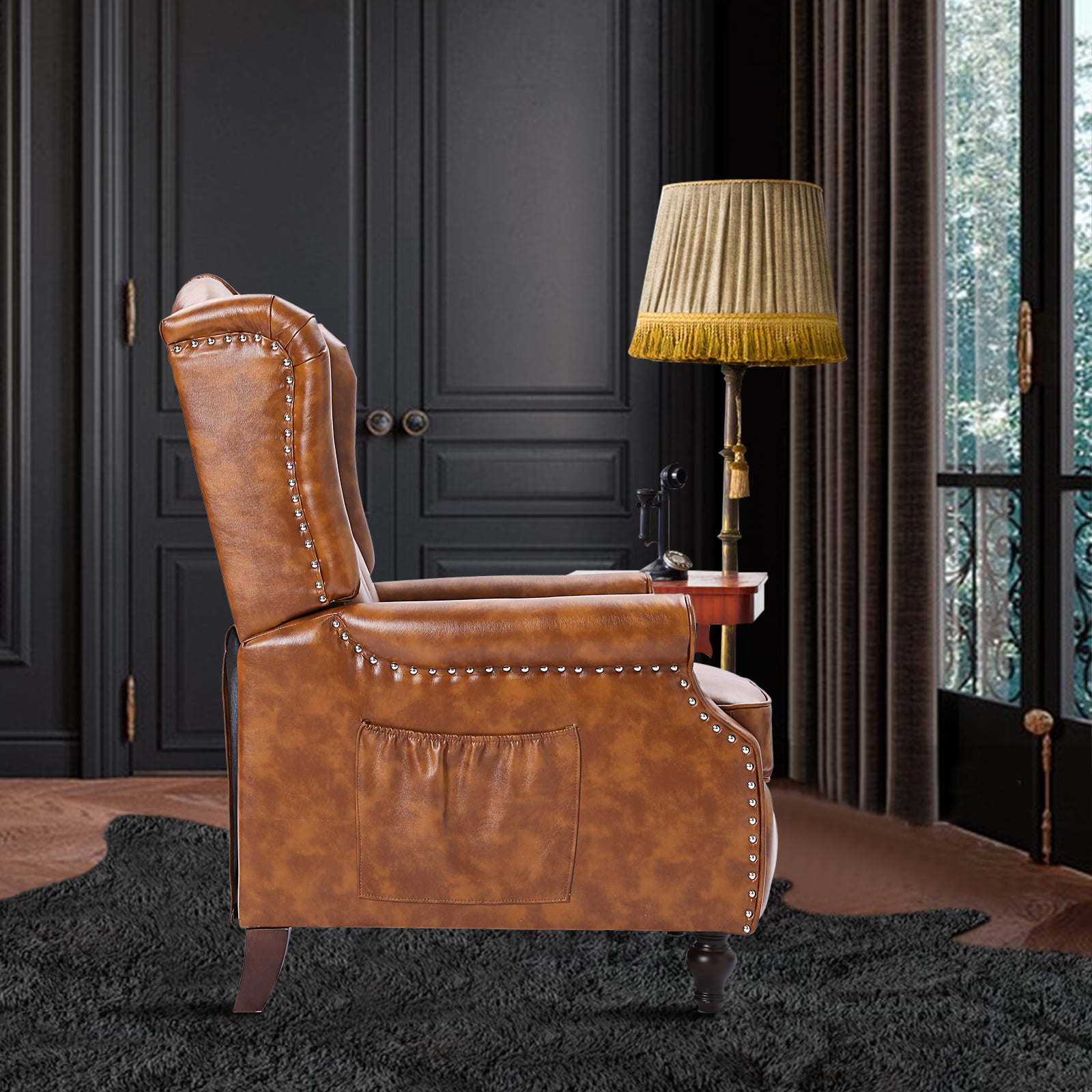 Recliner Wingback Chair - PU Leather Arm Chair Recline Heating Function, Adjustable Backrest,Brown