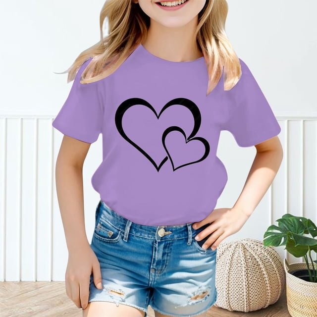 WEAIXIMIUNG Hauts pour Adolescentes Tendance T-Shirt Graphique Mignon Col Rond Manches Courtes Été Décontracté 140