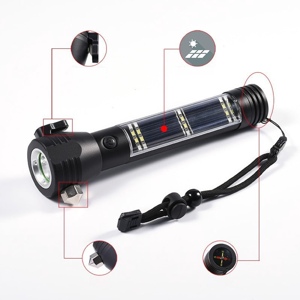8 in 1 Waterproof Multifunctional Outdoor Camping USB Rechargeable Solar LED Flashlights Black