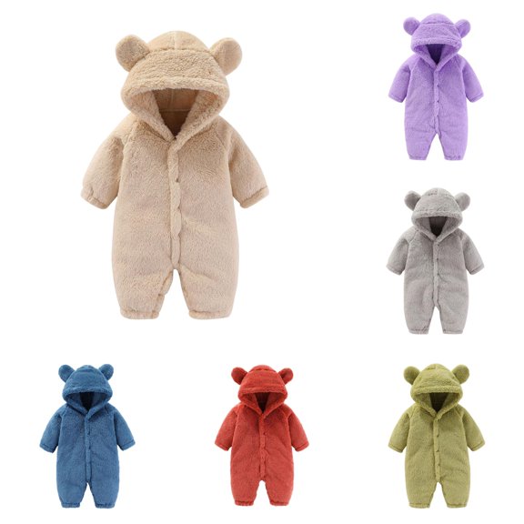 AWZXDE Toddlers girl romper Warm Hooded Outfit With 3D Bear Ears Full Front Snap Crotch Design Elastics For Fall Outdoor Casual Daily Wear Beige - 6-9 Months