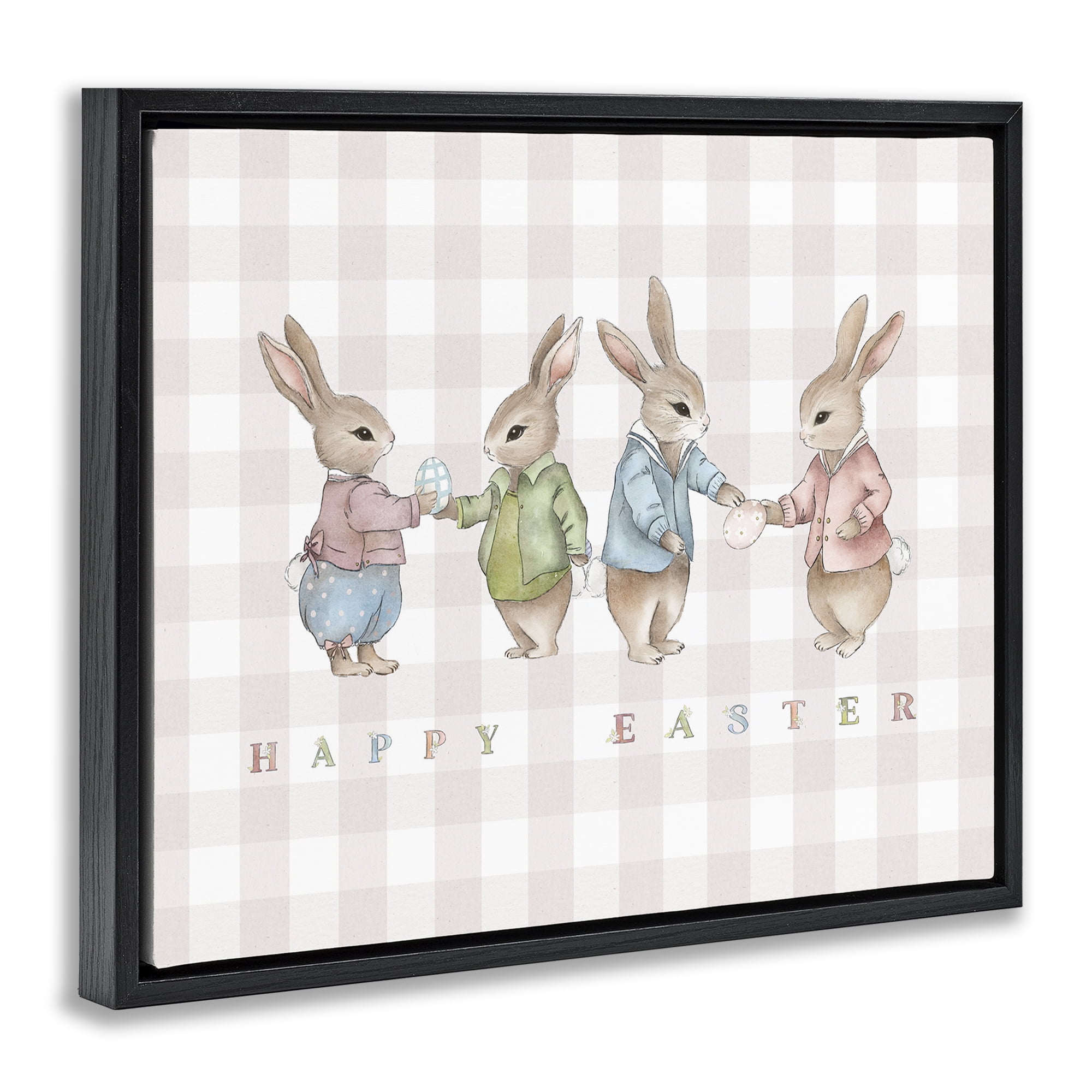 Stupell Industries Easter Bunnies Pink Gingham Black Framed Floater Canvas Wall Art, design by Leah Straatsma