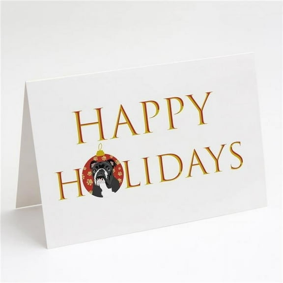 English Bulldog Black and White Happy Holidays Greeting Cards and Envelopes Pack of 8 7 in x 5 in