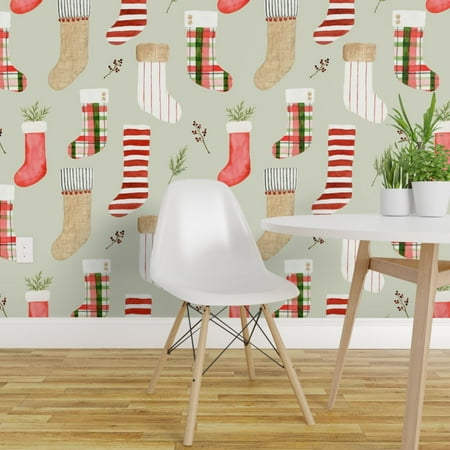 Christmas Stocking Panels To Sew Peel-and-Stick Removable Wallpaper Green Christmas Holiday Stockings Berries ()