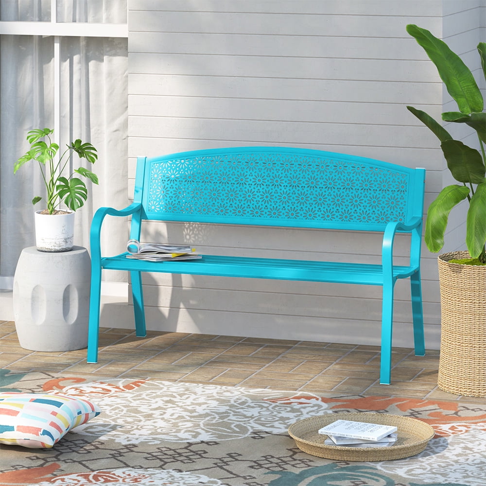 Abble Outdoor Metal Garden Bench Steel Patio Loveseat Park Bench - Blue