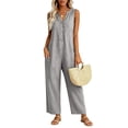 thumbnail image 4 of Women's Sleeveless V‑neck Linen Jumpsuit, Button Front Wide Leg Pants with Pockets, Casual Vacation Overalls Gray XL, 4 of 8