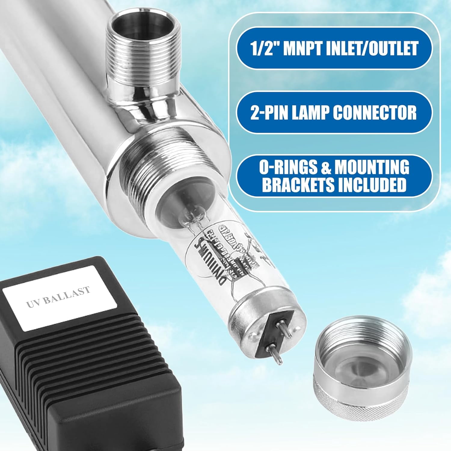 Whole House Ultraviolet Water Purifier Filter 55W, 120V Stainless Steel UV Unit, 1/2" MNPT Inlet/Outlet