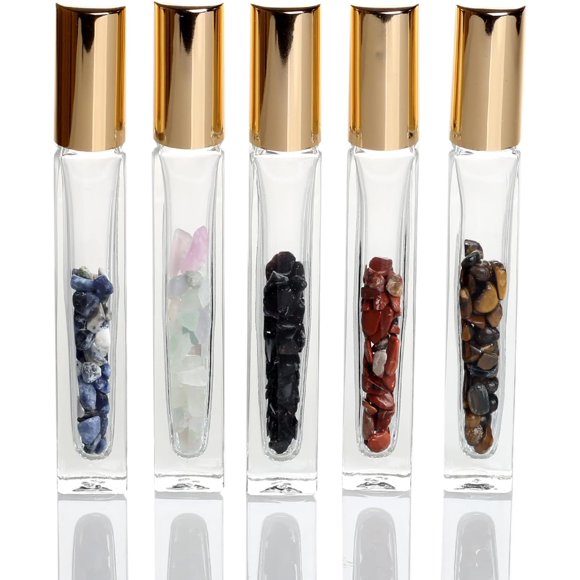 shiyou-10ml Gemstone Roller Square Bottles Refillable Roll On Bottles Healing Crystal Chips Inside For Perfumes Aromatherapy Oils 5pack