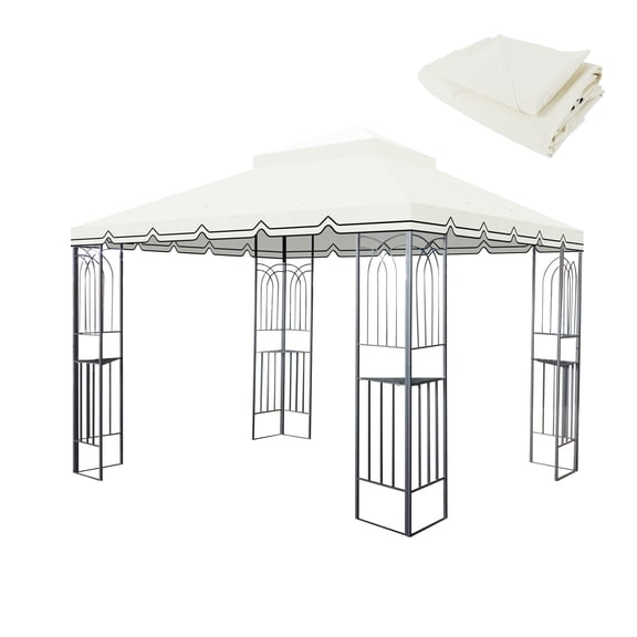 10x10 FT Outdoor Patio Gazebo Replacement Canopy Tent - Double Tiered Roof Top Cover Only with Wall Border (Frame Not Included) - Beige