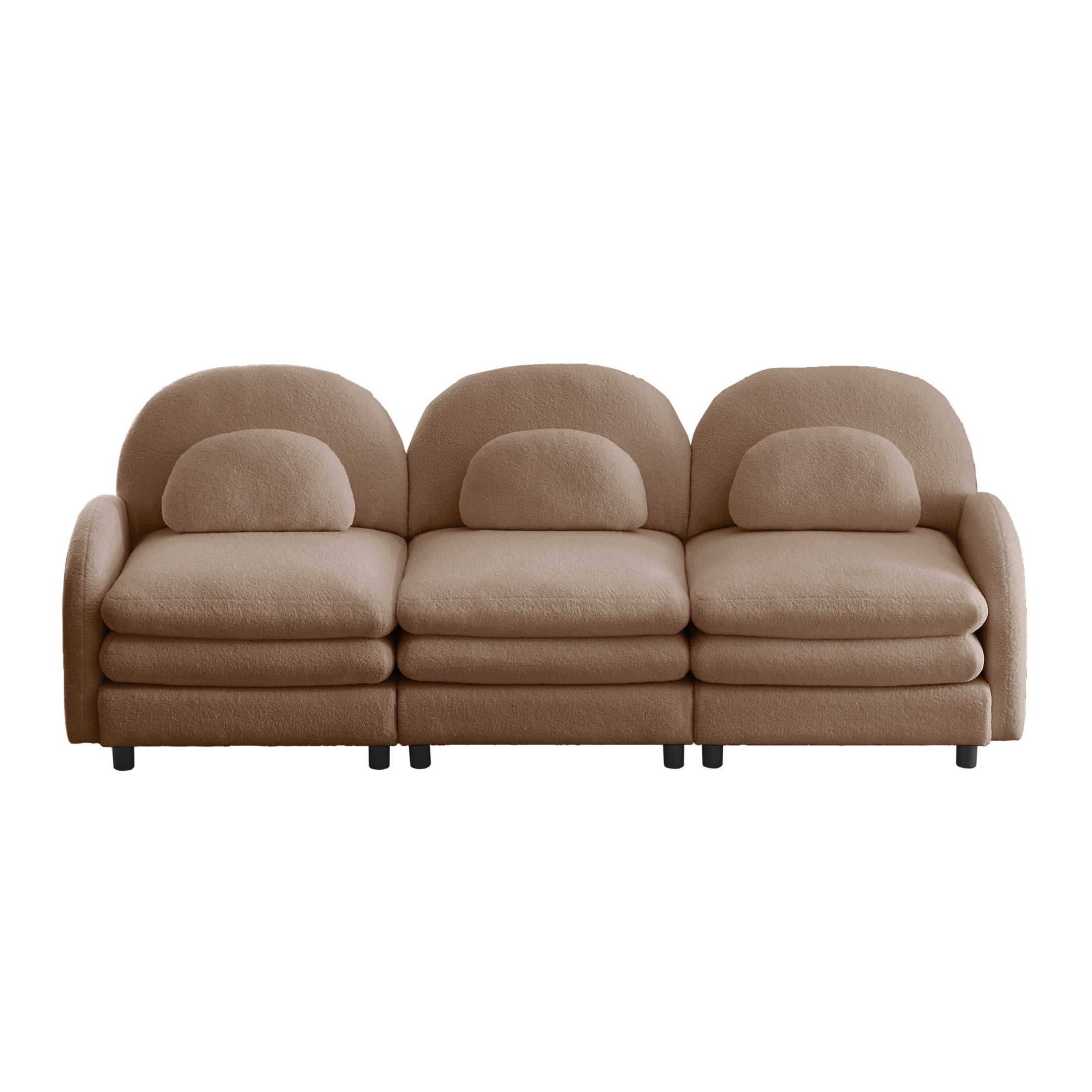 Noble House Windsor Teddy Fabric 3-Seater Sectional Sofa, Modular Cloud Couch with Lumbar Pillows, Camel