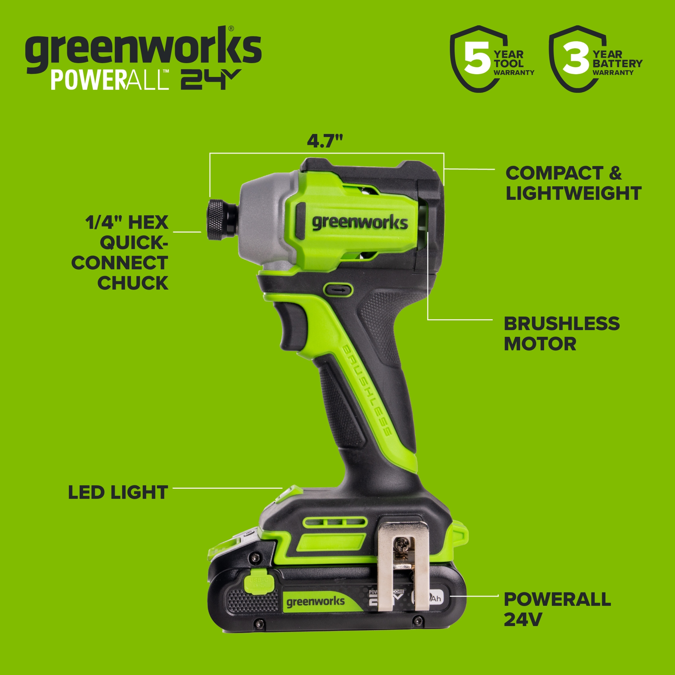 Greenworks PowerAll 24V sin escobillas Taladro destornillador de 300 in-lbs + Impact Driver, (2) baterías de 2Ah, cargador de 30W y cable, 2 clips para cinturón y 2 puntas y bolsa, CK326A2 5