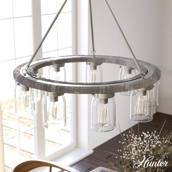 Hunter - Devon Park 9-light Brushed Nickel, Large Chandelier, Dimmable, Rustic Style, Wagon Wheel Shaped, for Bedrooms, Dining, Living Rooms - 19246
