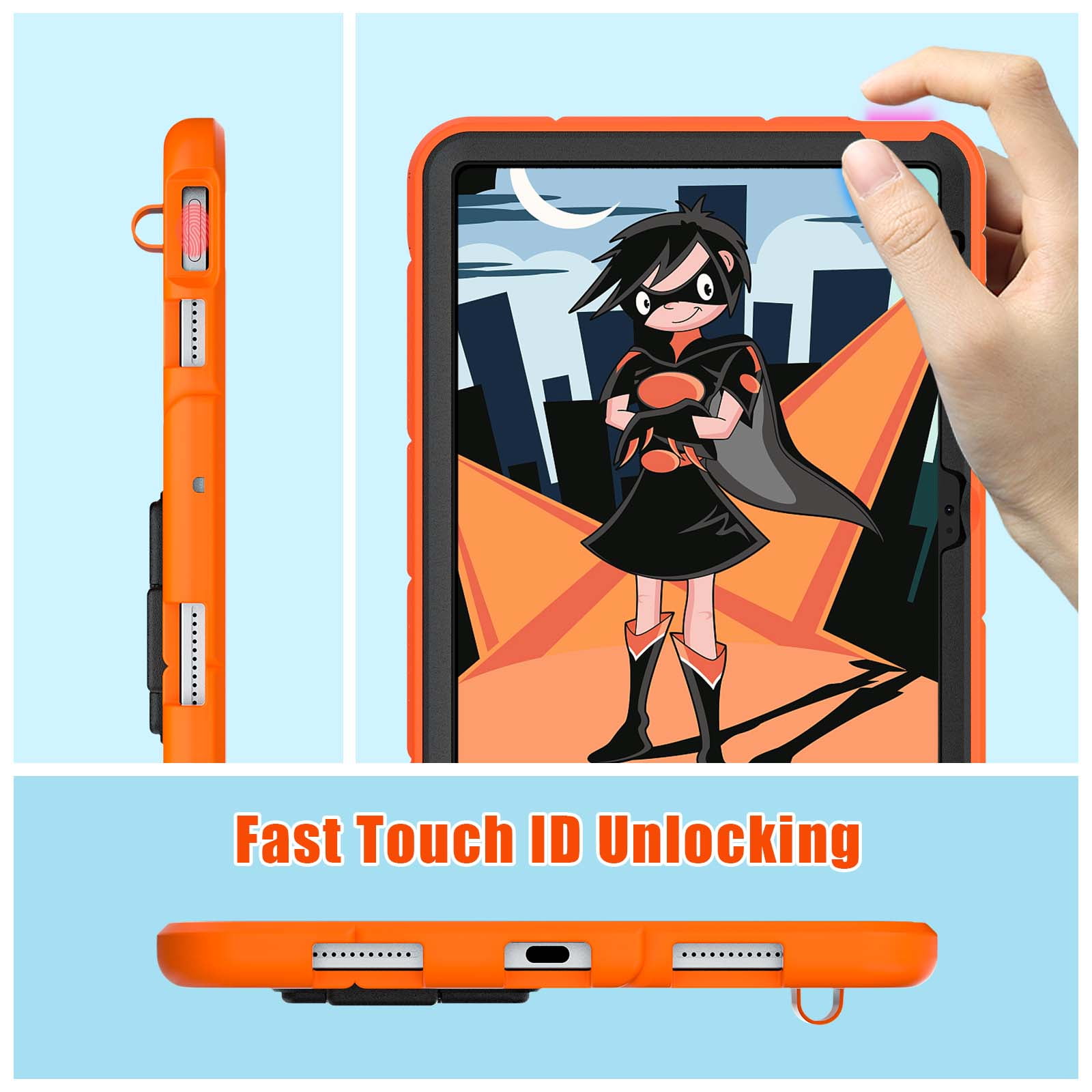 Dteck iPad 10th Generation Case iPad 10.9 Case 2022 New iPad 10th Gen Case for Kids 10.9 Inch Shockproof Protective Cover with Pencil Holder & Shoulder Strap & Kickstand for Kids ChildreOrange + Black