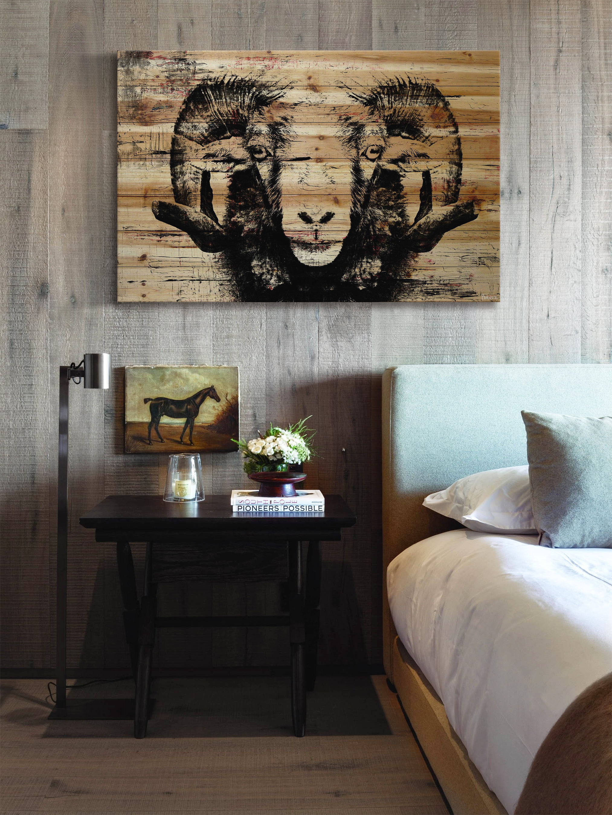 "Staring Ram Eyes" Painting Print on Natural Pine Wood