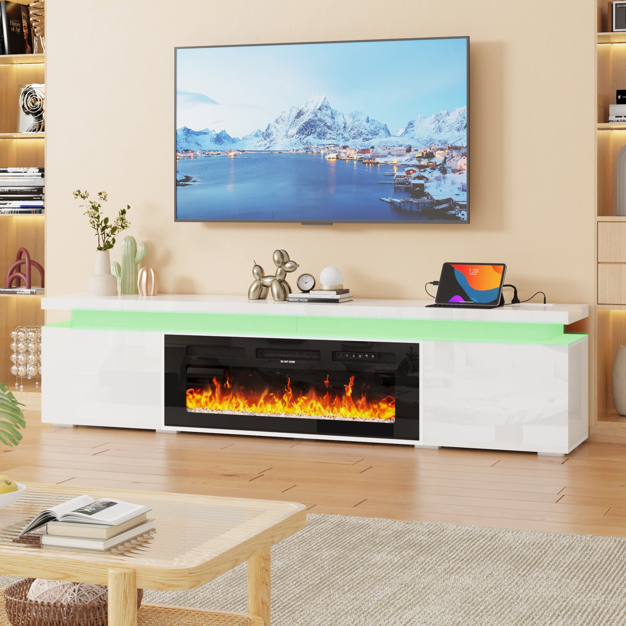 Fireplace TV Stand for 70" 75" 80" with LED Light & Outlets, 70" Large Entertainment Center Gaming Soundbar Shelf with 40'' Electric Fireplace