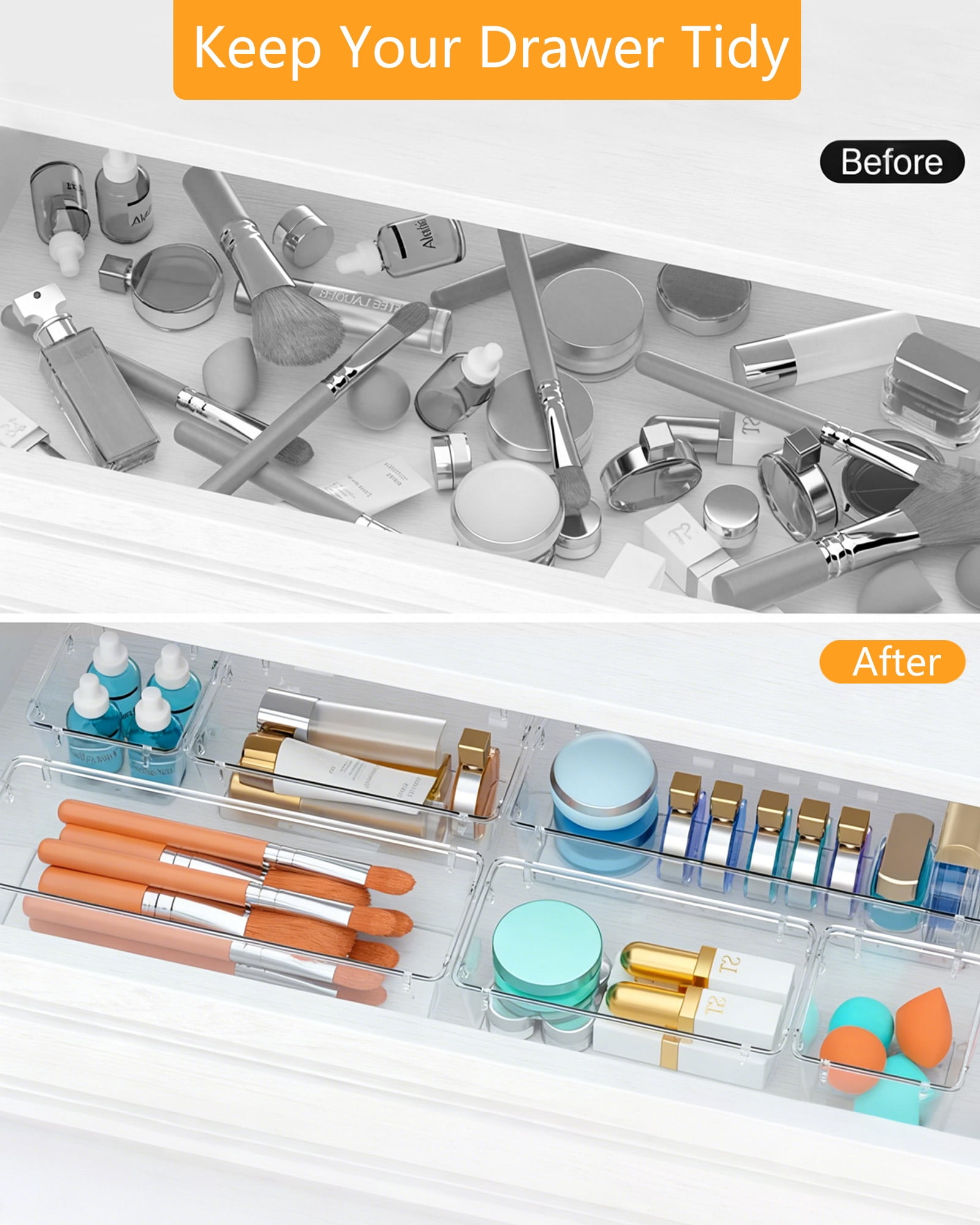 Asnews 25 Pcs Clear Plastic Drawer Organizer Set, 4 Sizes Desk Drawer Divider Organizers and Storage Bins for Makeup, Jewelry, Bedroom, Bathroom, Office