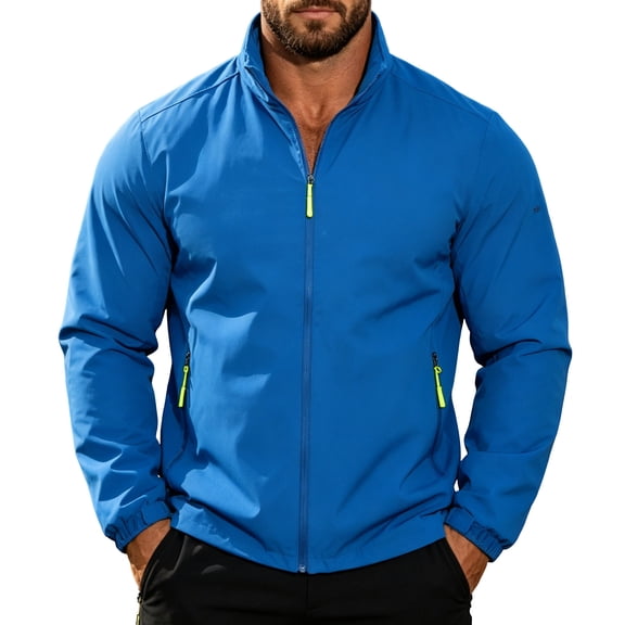 FAWUUDO Men's Stand Collar Lightweight Windproof Waterproof Jacket with Breathable Fabric for Outdoor Hiking and Travel M Blue
