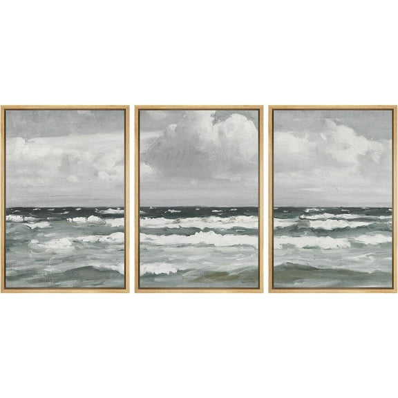 PixonSign Framed Canvas Print Wall Art Set Storm Cloud Coastal Ocean Wave Beach Seascape Nature Wilderness Illustrations Modern Art Decorative Rustic Relax/Calm Colorful - 16"x24"x3 Natural