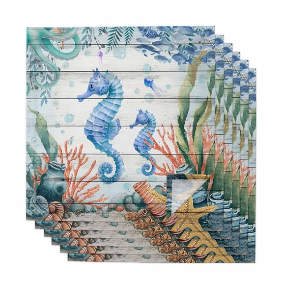 Seahorse Coastal Cloth Napkins, Summer Nautical Starfish Coral Grey Wooden Washable and Reusable Dinner Napkins Set of 6, Table Napkin for Kitchen Party Birthday Wedding Hotel Housewarming 20"x20"